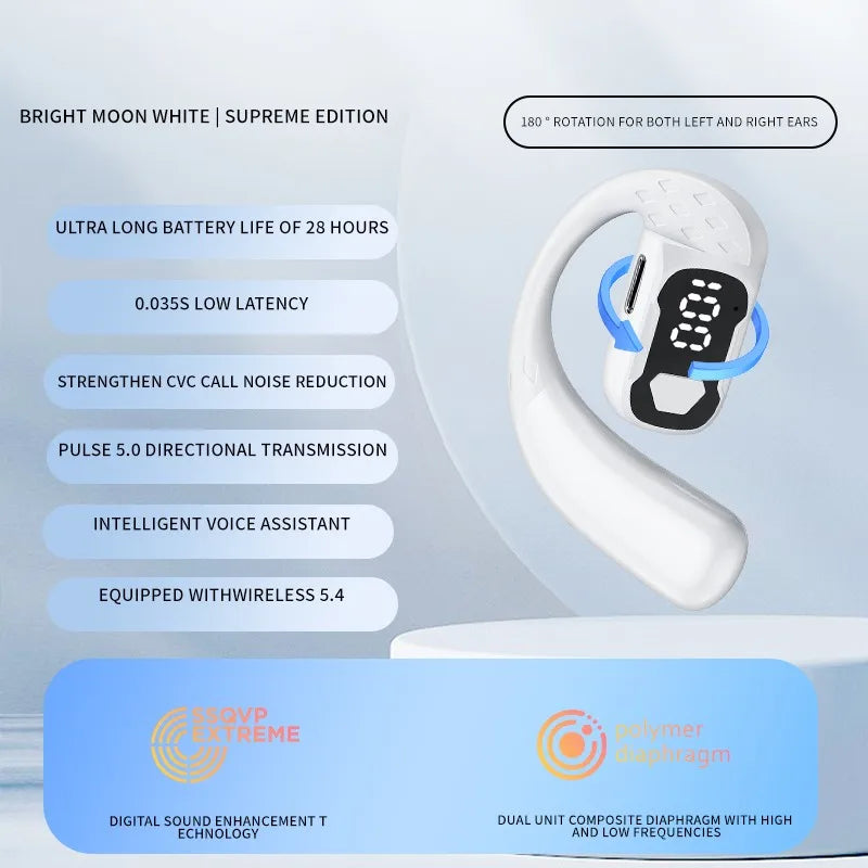 Wireless Headset 180° Rotation Adjustable Left Right Open Bluetooth 5.4 Ear Universal Earphone Mic Sport Business Music Ear-Hook